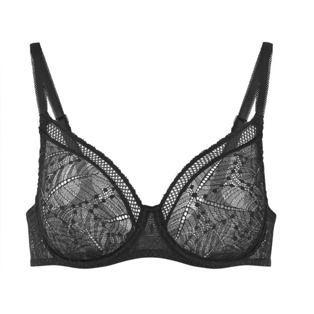 Simone Perele Comete Bra Black Molded Full Cup Lace Band Semi Sheer Sz 32B